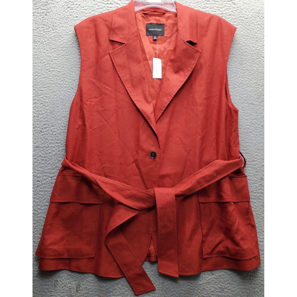 Banana Republic Belted Vest Womens XL Red Linen Blend Notch Lapel Button Front